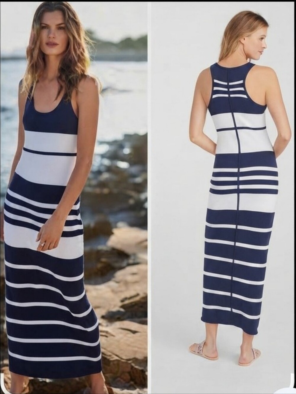 Tommy Bahama Navy And White Striped Knit Maxi Dress Sz M - Picture 1 of 11